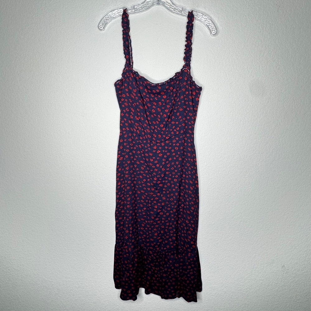 Reformation Navy Red Floral Smocked Ruffle Strap Midi Dress Sweetheart Neck Sz 6
